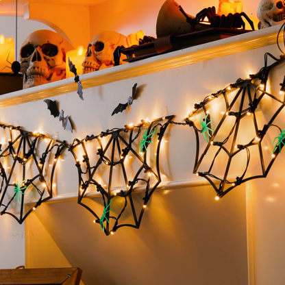Spooky Spider Web LED String Lights - Halloween Mantel Wall Window Holiday Party Decor Lighting