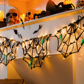 Spooky Spider Web LED String Lights with Spiders - Halloween Mantel Wall Window Holiday Party Decor Lighting