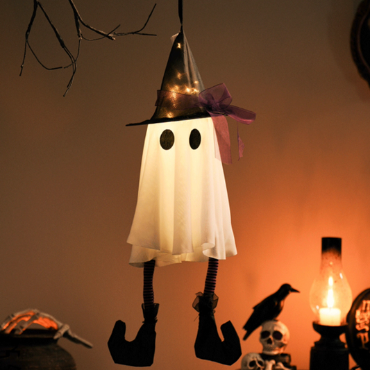 Spooky Glowing Hanging Ghost with Witch Hat - Halloween Porch Tree Holiday Party Decor Lighting