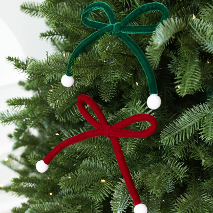 Christmas Green Velvet Bows with Pom Poms - 6 Pcs, Christmas Tree Wreath Holiday Decor