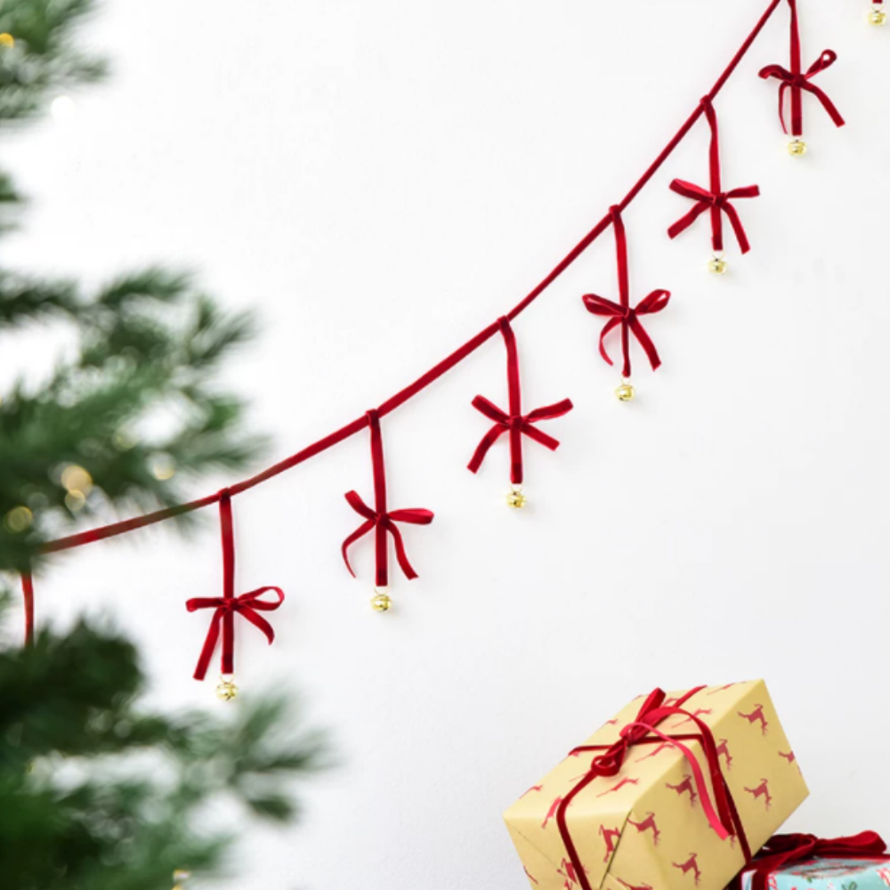 Festive Red Velvet Bow Bell Garland - Christmas Mantel Wall Hanging Holiday Decor