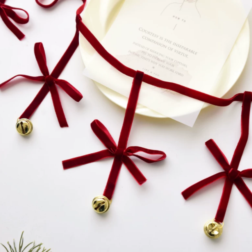 Festive Red Velvet Bow Bell Garland - Christmas Mantel Wall Hanging Holiday Decor