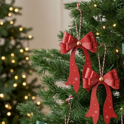 Christmas Metal Red Bow Hanging Ornament - Xmas Tree Decor