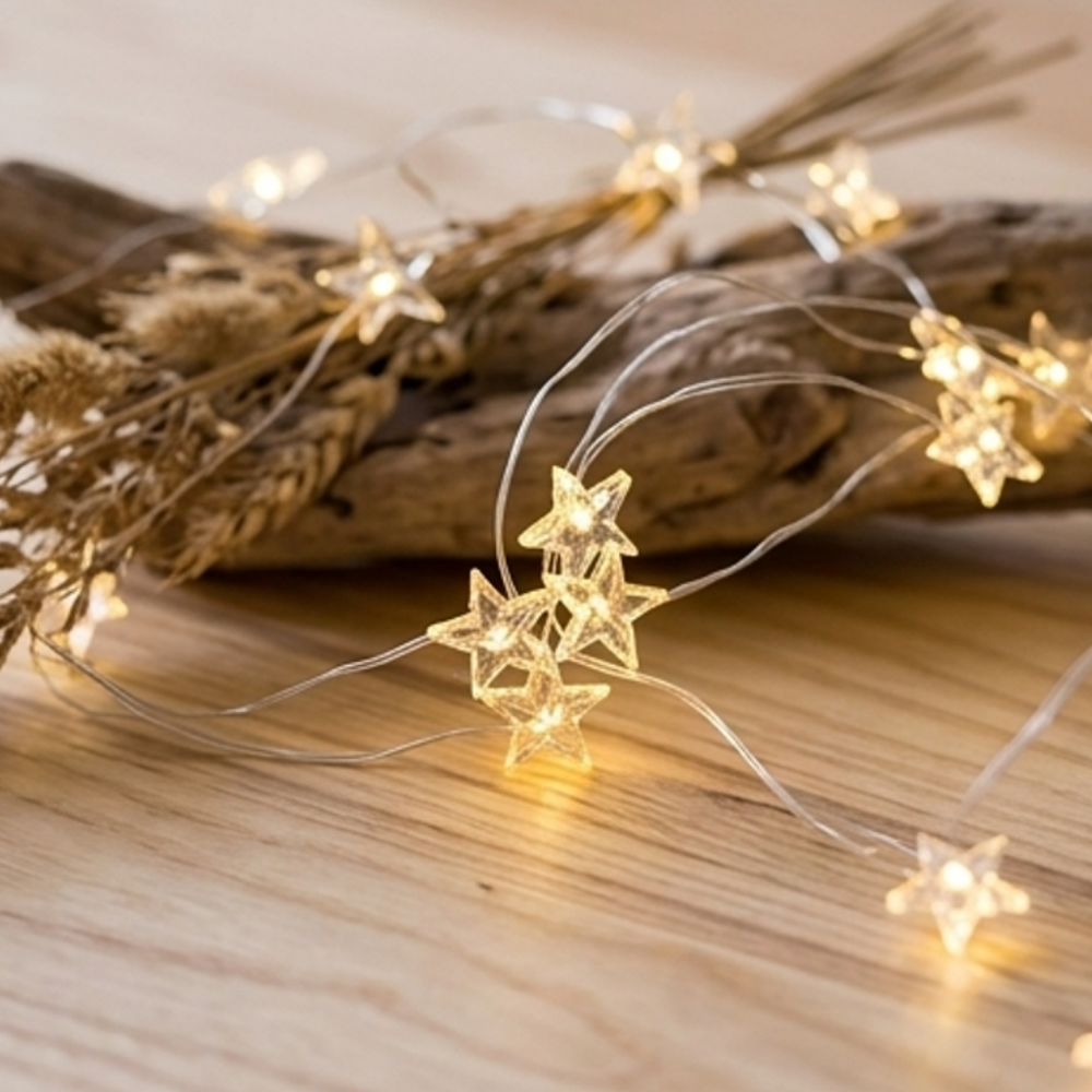 Battery Powered Christmas Star Fairy String Lights - 6.56 ft, 20 LED, Xmas Home Mantel Table Decor