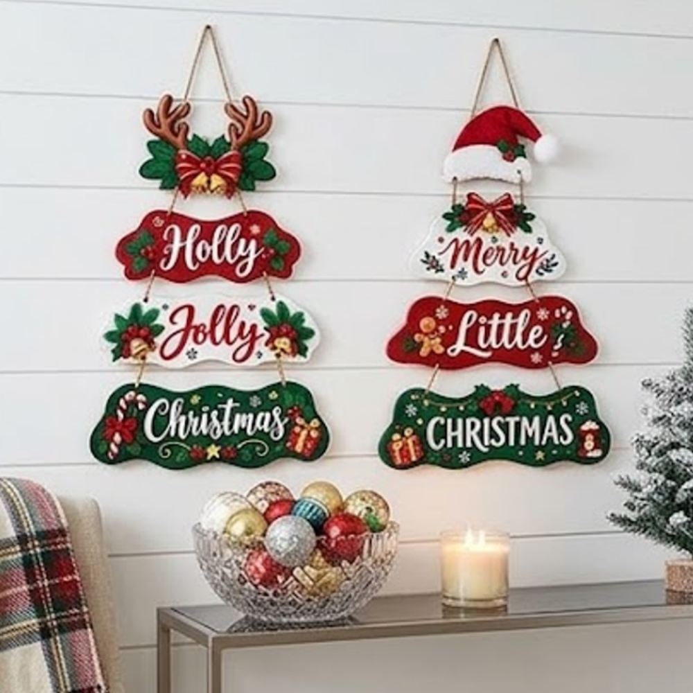 Christmas Wooden Hanging Signs - Set of 2, Holiday Front Door Wall Hanging Decor
