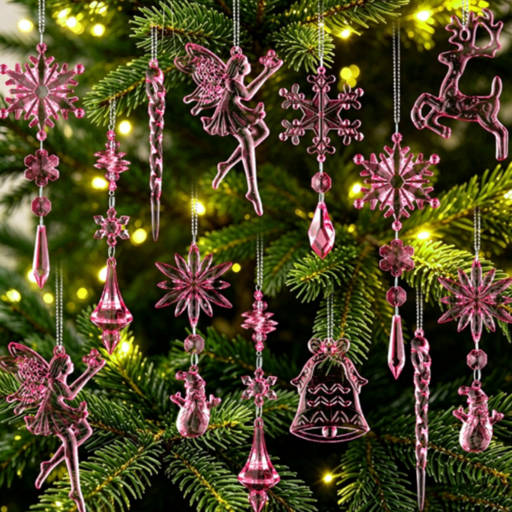 Christmas Pink Snowflake Fairy Icicle Hanging Ornaments - 20 Pcs, Xmas Tree Wreath Garland Decor