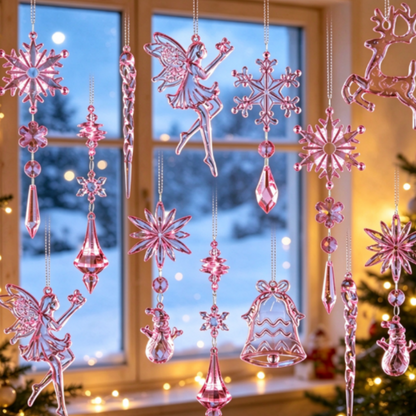 Christmas Pink Snowflake Fairy Icicle Hanging Ornaments - 20 Pcs, Xmas Tree Wreath Garland Decor