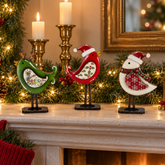 Wooden Christmas Bird Tabletop Decoration - Set of 3, Mantel Shelf Home Indoor Xmas Holiday Decor