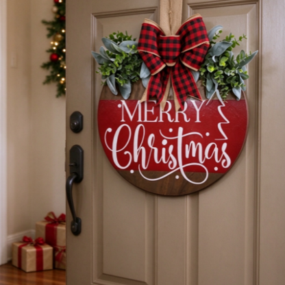 Merry Christmas Wooden Hanging Door Sign - 11.8 Inch, Front Door Home Wall Xmas Holiday Decor