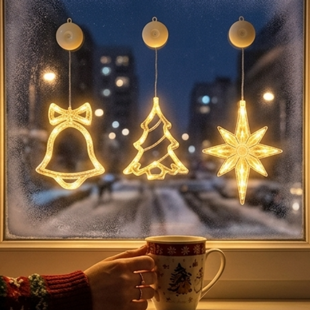 Battery Powered Warm White LED Christmas Window Light with Suction Cup - Set of 3, Home Xmas Holiday Decoration