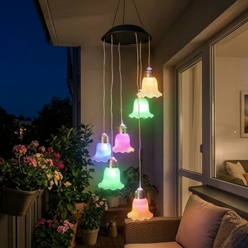 Solar Powered Bell Flower Wind Chime Lights - Outdoor Patio Garden Yard Tree Decor
