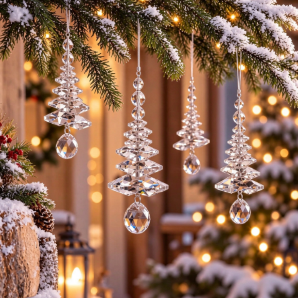 Sparkling Crystal Christmas Tree Hanging Ornament - 4 Pack, Xmas Tree Holiday Party Home Decor