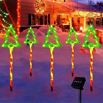 Solar Powered 5 in 1 Christmas Tree LED Stake Lights - Weatherproof Outdoor Lawn Pathway Holiday Garden Lighting
