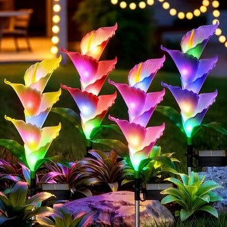 Solar Powered Color Changing LED Calla Lily Stake Lights  -  Weatherproof Flower Bed & Yard Accent Lighting