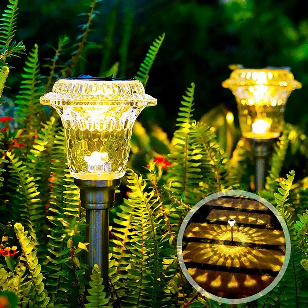 Solar Powered Crystal Glass Warm White LED Stake Light - Weatherproof Outdoor Lawn Pathway Garden Lighting