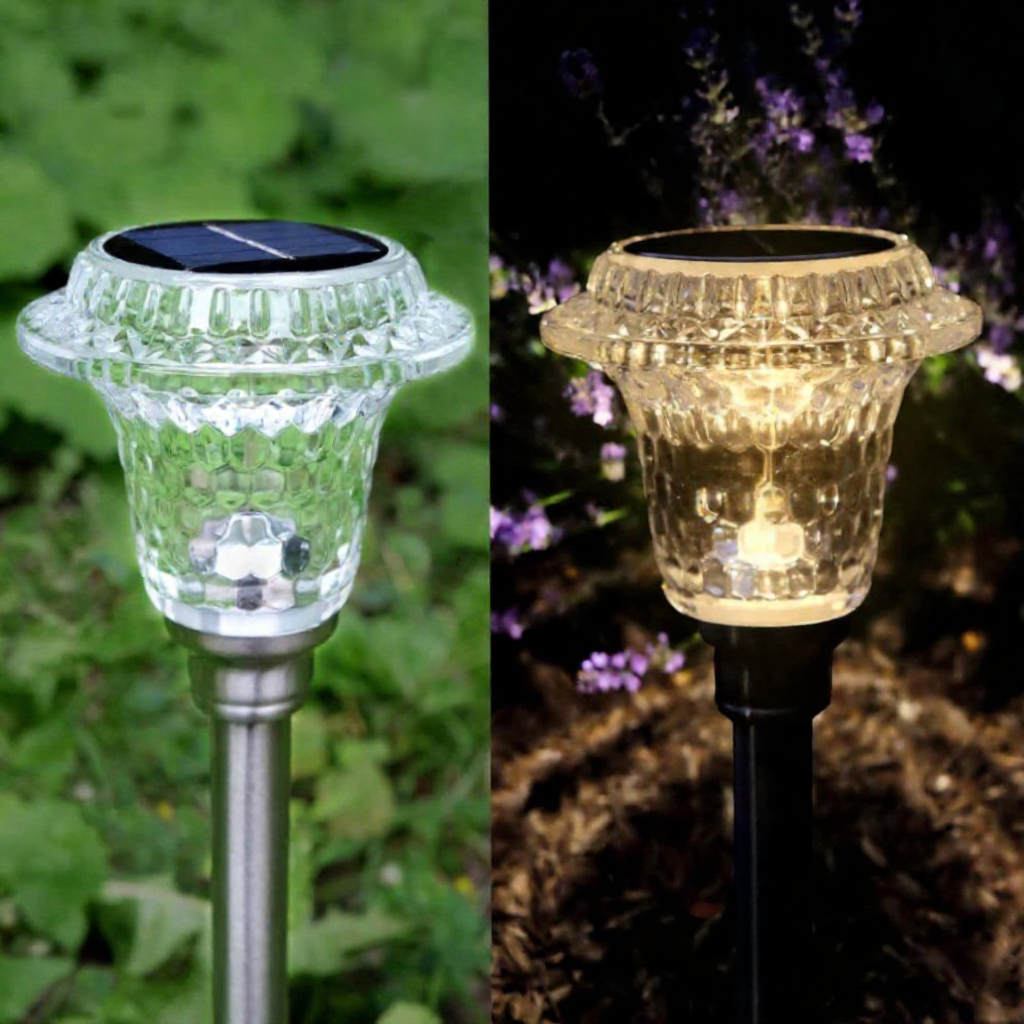 Solar Powered Crystal Glass Warm White LED Stake Light - Weatherproof Outdoor Lawn Pathway Garden Lighting