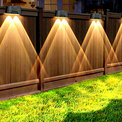 Solar Powered Dual Lens Warm White LED Fence Light - Weatherproof Outdoor Patio Garden Exterior Lighting