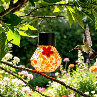 Solar Powered Hand Blown Glass Hummingbird Feeder  -  Backyard Garden Wildlife Accessory