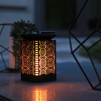 Solar Powered Hollow Cut Out Flickering Flame Lantern Light - Outdoor Decorative Hanging Table Lantern for Garden Patio Yard