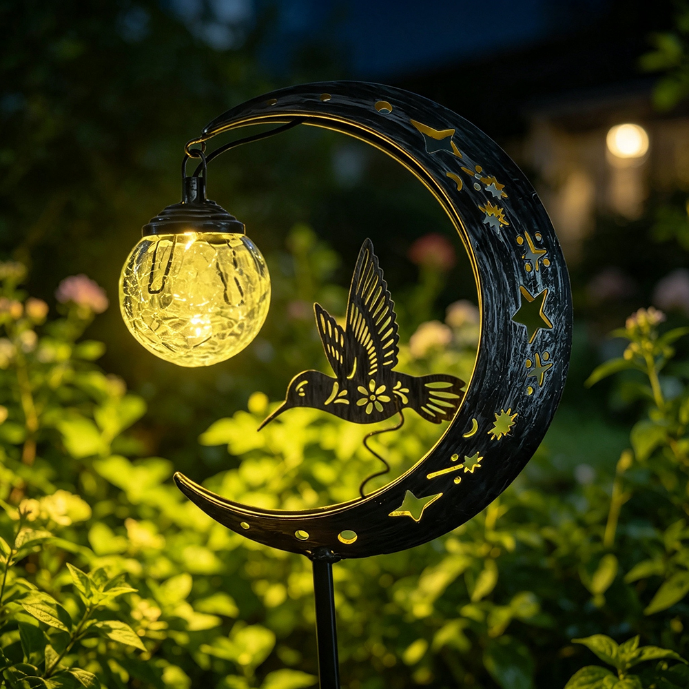 Solar Powered Hummingbird Moon Crackle Glass Ball Warm LED Stake Light - Waterproof Walkway Lighting-View 1-Next Deal Shop