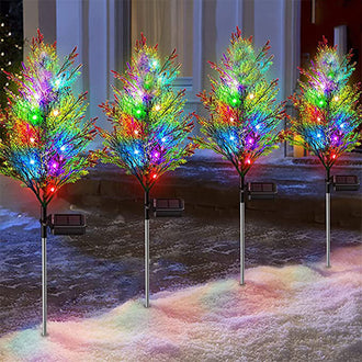 Solar Powered LED Cypress Tree Stake Lights  -  Weatherproof Lawn & Walkway Holiday Lighting