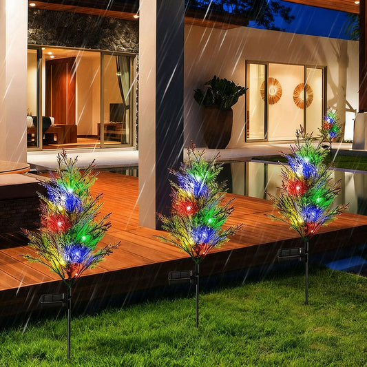 Solar Powered LED Cypress Tree Stake Lights  -  Weatherproof Lawn & Walkway Holiday Lighting