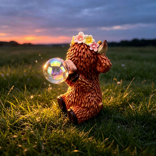 Solar Powered Light Up Resin Bubble Blowing Highland - Garden Statue Lawn & Patio Outdoor Decor