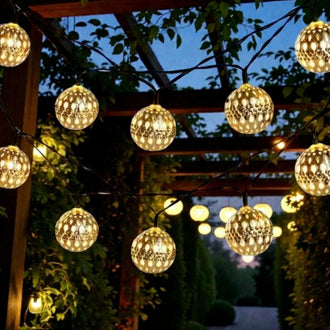 Solar Powered Moroccan Style Iron Ball String Lights - Waterproof Outdoor Garden Patio Lighting