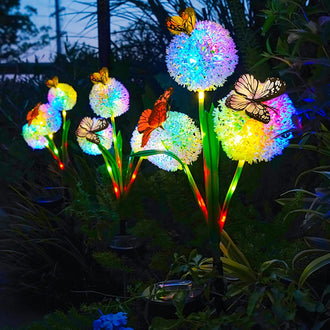 Solar Powered Multicolor LED Dandelion Butterfly Garden Stake Lights - Weatherproof Lawn & Pathway Lighting