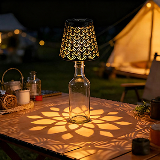Solar Powered Shadowcast LED Bottle Stopper Lamp  -  Tabletop Patio Accent Lighting
