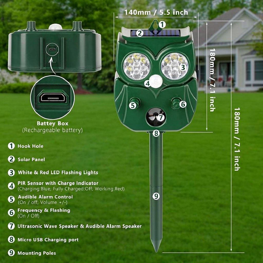 Solar Powered Ultrasonic Animal Repeller - Weatherproof Yard Garden Outdoor Pest Animal Deterrent