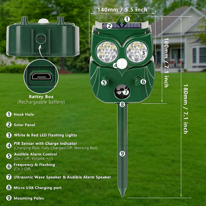 Solar Powered Ultrasonic Animal Repeller - Weatherproof Yard Garden Outdoor Pest Animal Deterrent