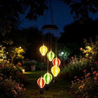 Solar Powered Warm LED Hot Air Balloon Wind Chime Lights  -  Weatherproof Patio Hanging Lighting