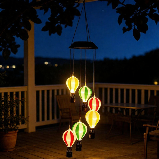 Solar Powered Warm LED Hot Air Balloon Wind Chime Lights  -  Weatherproof Patio Hanging Lighting