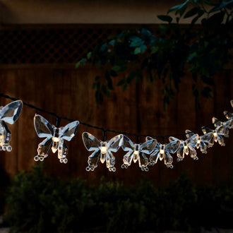 Solar Powered Warm White LED Butterfly String Lights  -  Weatherproof Patio & Tree Accent Lighting
