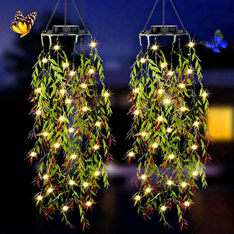 Solar Powered Warm White LED Dangling Bamboo Leaf Lights - Weatherproof Patio Lighting