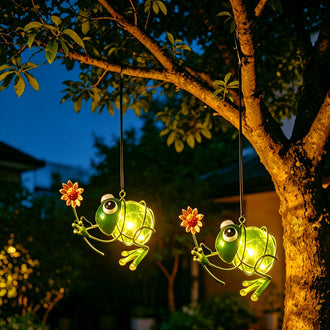 Solar Powered Warm White LED Metal Frog Hanging Light - Weatherproof Patio & Tree Hanging Lighting