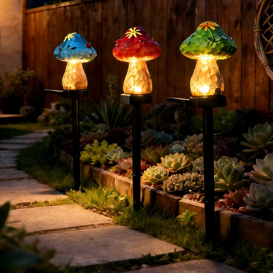 Solar Powered Warm White LED Mushroom Garden Stake Light  -  Weatherproof Lawn & Pathway Lighting