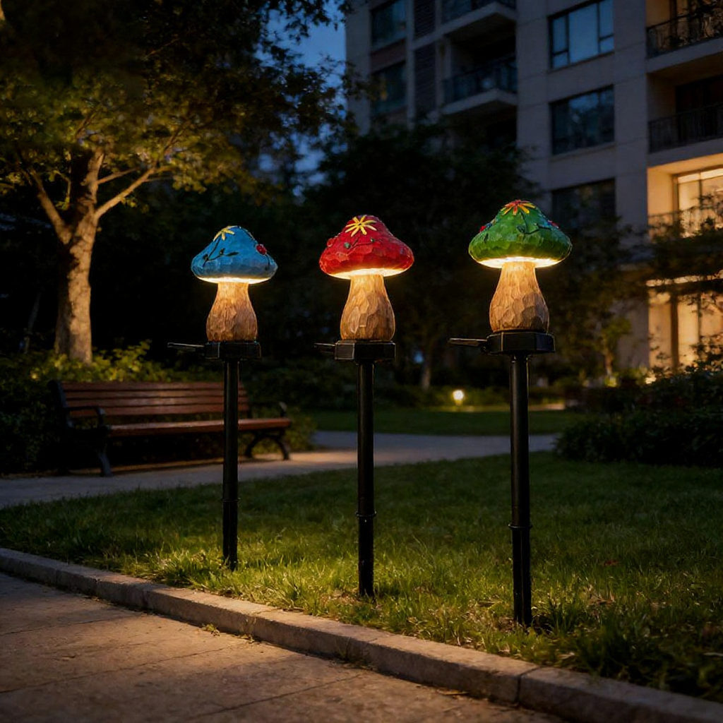 Solar Powered Warm White LED Mushroom Garden Stake Light  -  Weatherproof Lawn & Pathway Lighting