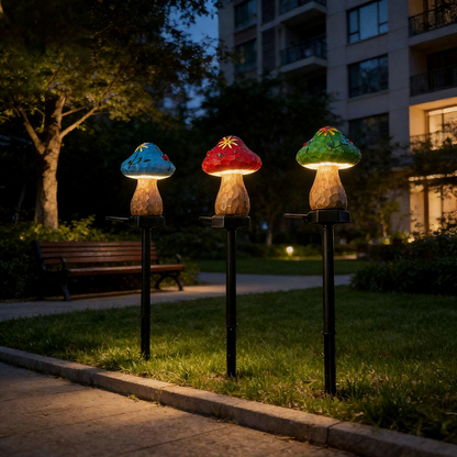 Solar Powered Warm White LED Mushroom Garden Stake Light  -  Weatherproof Lawn & Pathway Lighting