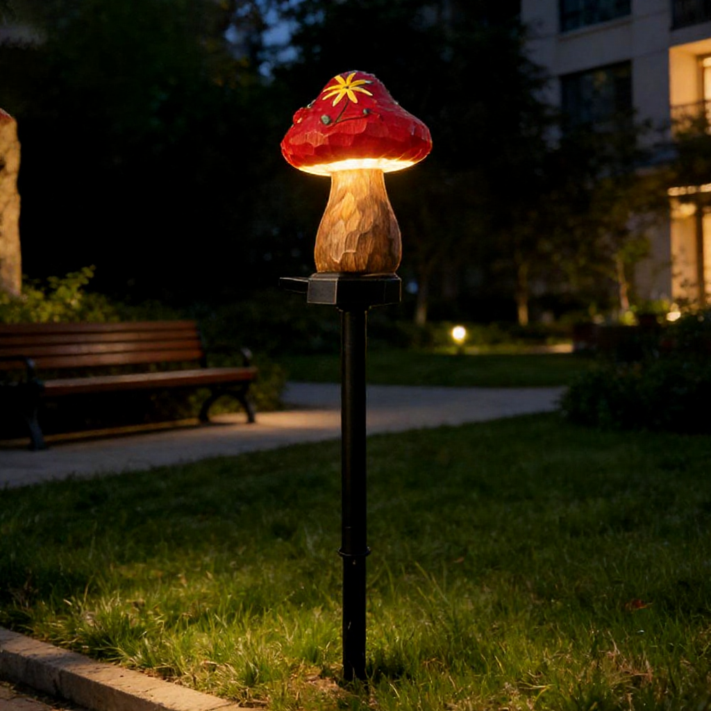 Solar Powered Warm White LED Mushroom Garden Stake Light  -  Weatherproof Lawn & Pathway Lighting