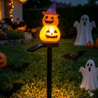 Solar Powered Warm White LED Pumpkin Witch Garden Stake Lights - Weatherproof Halloween Pathway & Yard Lighting