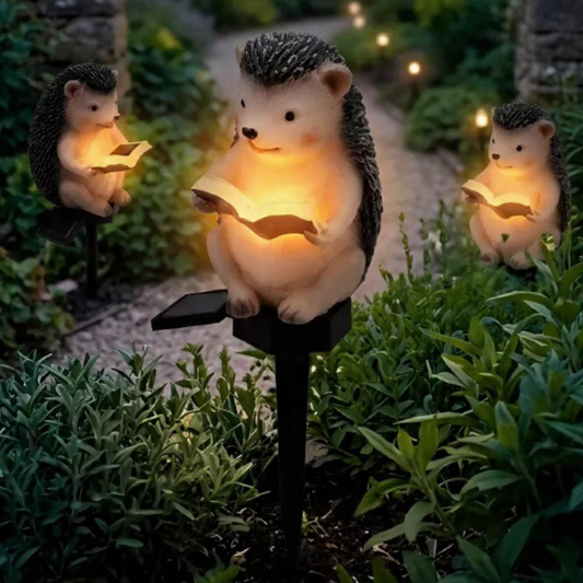 Solar Powered Warm White LED Reading Hedgehog Garden Stake Light  -  Weatherproof Flower Bed & Yard Lighting