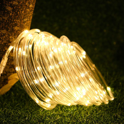 Solar Powered Warm White LED Rope String Light - Weatherproof Yard Garden Patio Backyard Outdoor Holiday Party Decor Lighting
