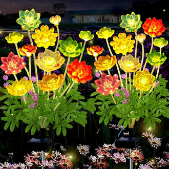 Solar Powered Warm White LED Succulent Stake Light - 2 Pack, Weatherproof Outdoor Lawn Pathway Garden Lighting
