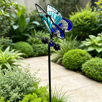 Stained Glass Metal Butterfly Garden Stake - Flower Bed & Lawn Yard Art