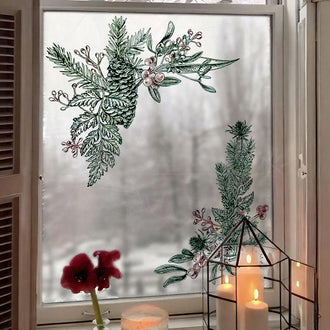Vintage Christmas Pine Needle & Berry Window Cling - Festive Indoor Glass Holiday Home Decor Accessory