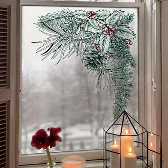 Vintage Christmas Pine Needle & Holly Window Clings - Festive Indoor Glass Holiday Home Decor Accessory