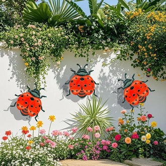 Whimsical Metal Ladybug Garden Wall Decor  -  3 Pack, Outdoor Fence Wall Decor