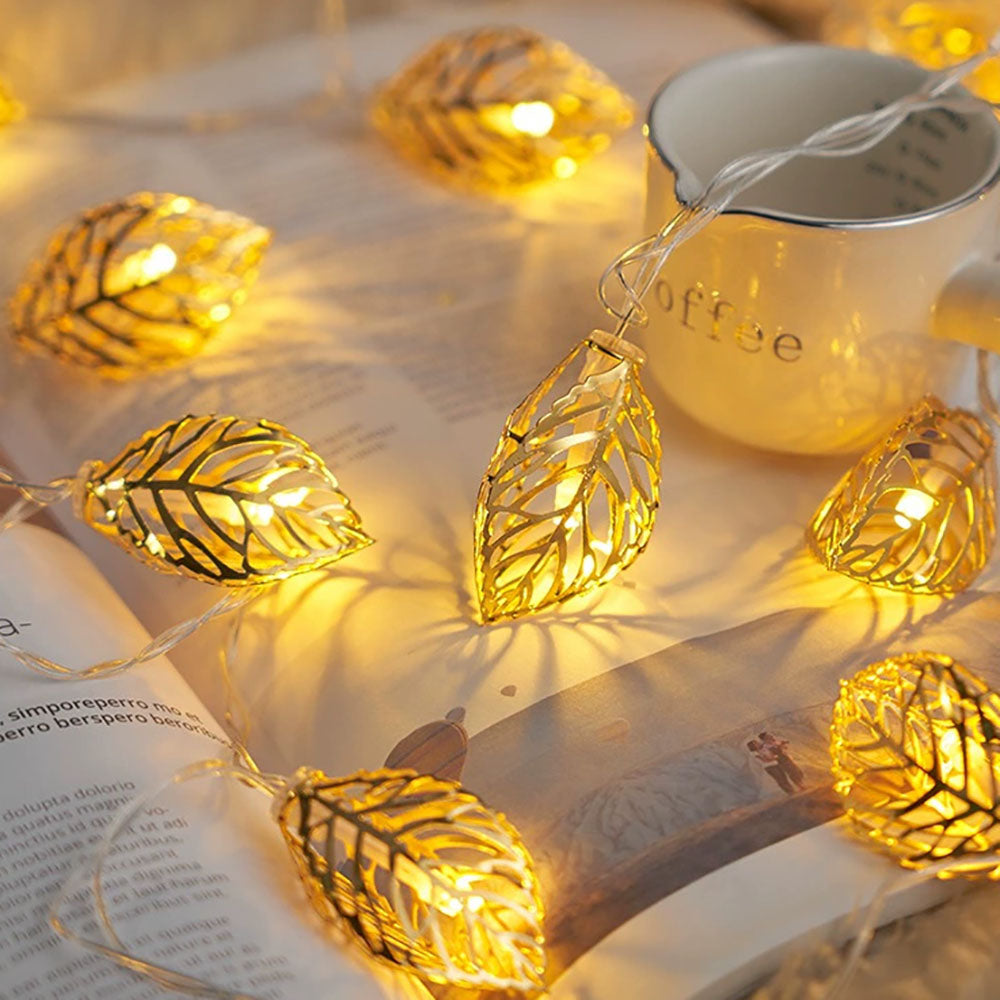 Battery Powered Elegant Golden Leaf LED String Lights - 9.84 ft, 20 LED,  Festive Home Party Decor Lighting